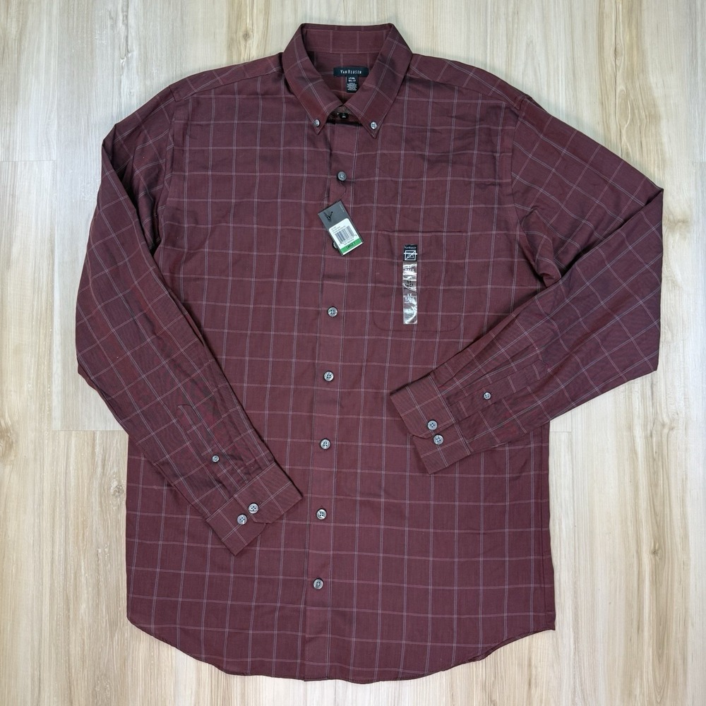 Van Heusen Dress Shirt Mens Size LT Large Tall 16.5 Red‎ Plaid No Iron Button Up
